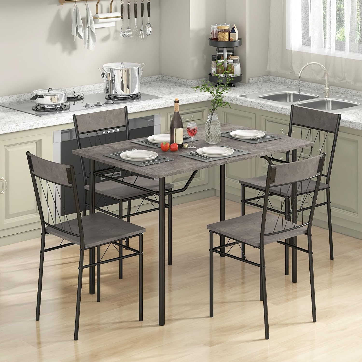 Giantex 5-Piece Breakfast Nook Set, 4 Dining Chairs, Metal Frame, Space-Saving Dinette Table Set for 4, Small Place, Kitchen Table Chairs Set of 4 (Cement Grey)