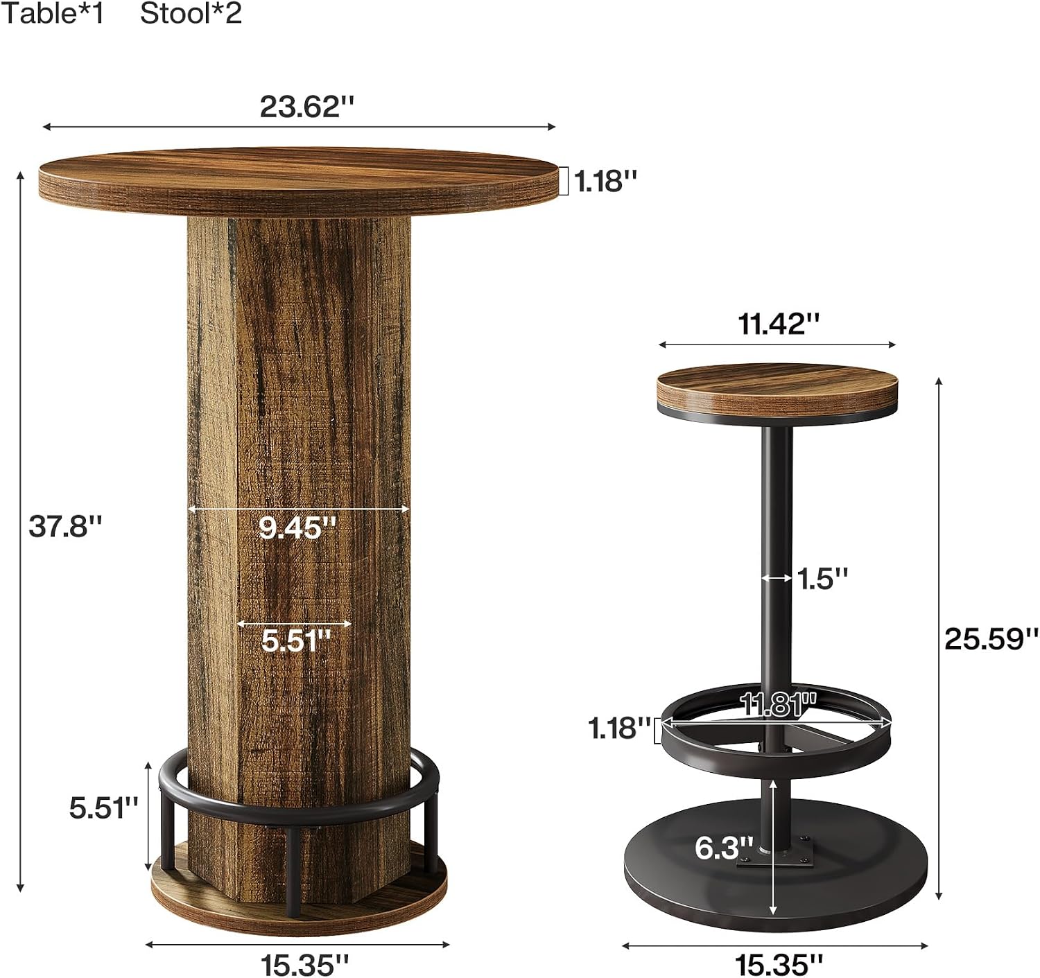 Tribesigns Round Bar Table Set of 2, Industrial Bistro Sets with 2 barstools, Pub Cocktail Table with Metal Ring Footrest for Kitchen Nook, Apartment, Small Space