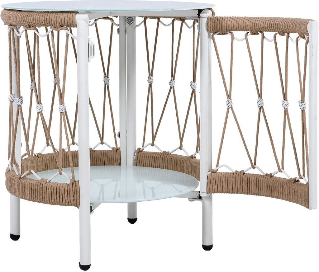 Christopher Knight Home Packy Bohemian Outdoor Side Table with Storage Shelf, Glass Top Small Patio Round Coffee Table, Sofa End Table for Patio Furniture Set with Metal Frame, White+Beige