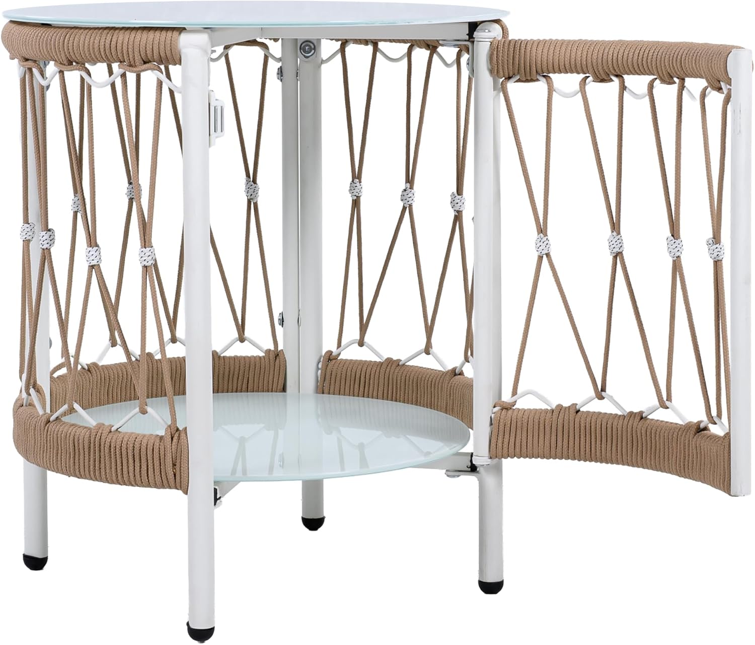 Christopher Knight Home Packy Bohemian Outdoor Side Table with Storage Shelf, Glass Top Small Patio Round Coffee Table, Sofa End Table for Patio Furniture Set with Metal Frame, White+Beige