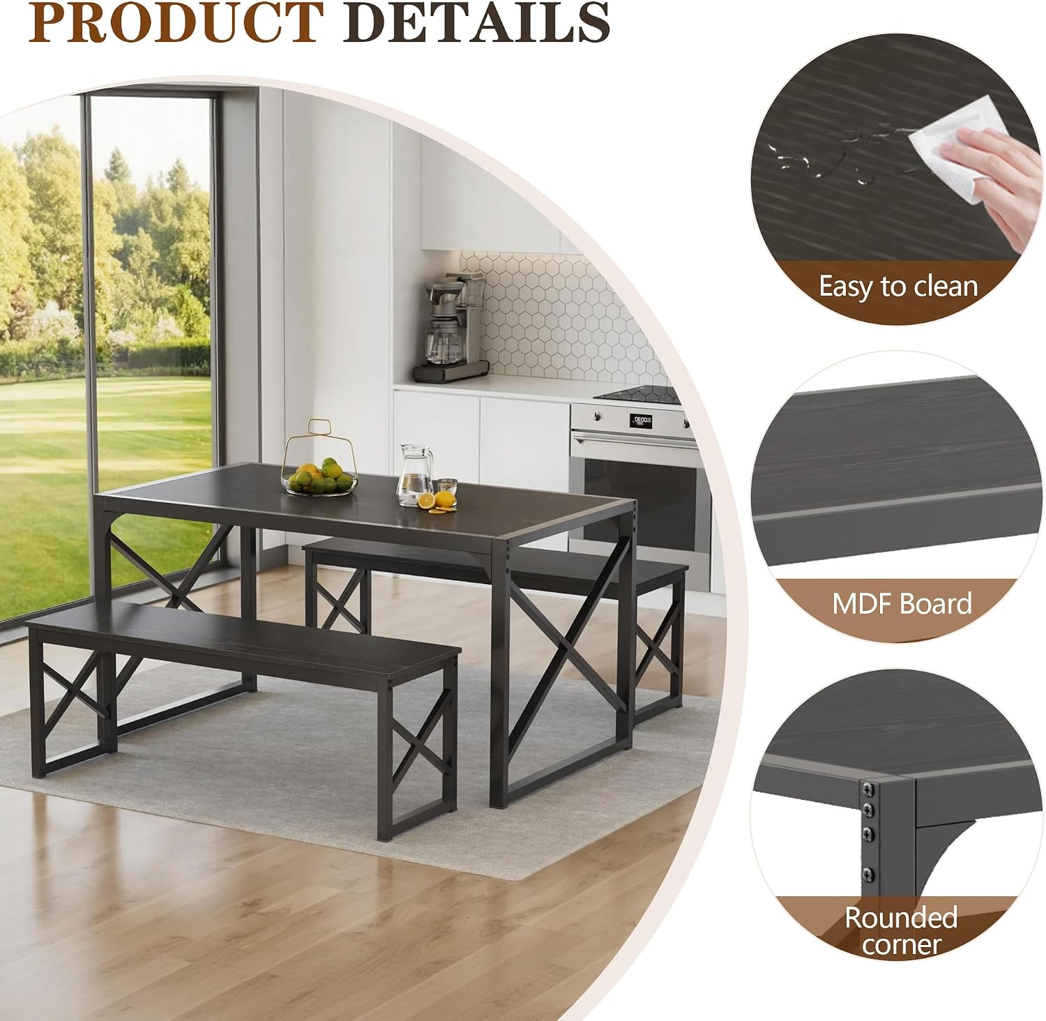 VECELO 55' Kitchen Dining Table Set for 4, Heavy-Duty Steel Frame & Wood-Grain Tabletop, Spaving Saving Dinette Sets with 2 Benches for Breakfast Nook and Small Space, Black