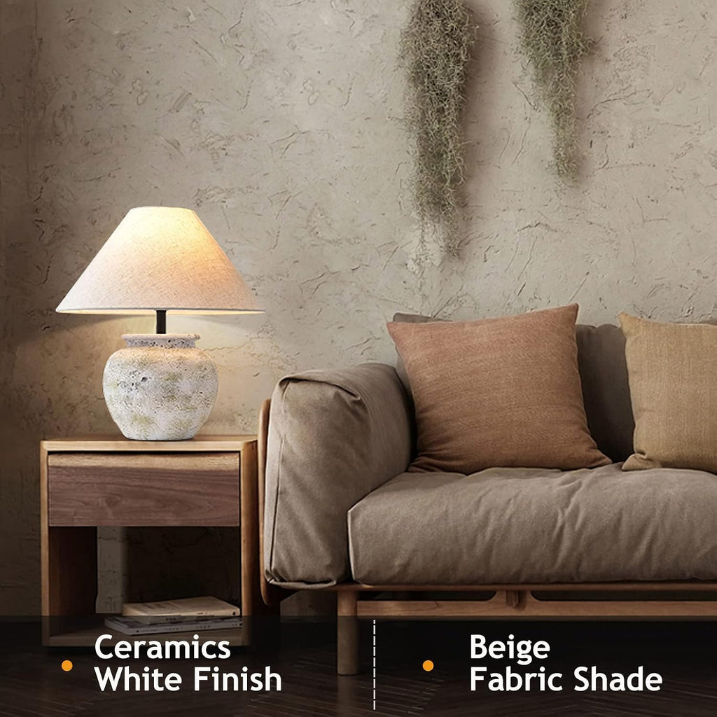 White Rustic Farmhouse Table Lamp - Terracotta Base with White Fabric Shade - 15.6 Inches - Warm White LED - 40W - 5000 Lumens
