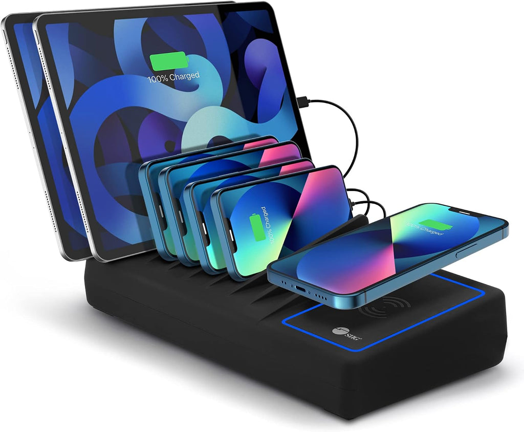 SIIG 10 Port 150W USB Charging Station with Qi Wireless Charging Deck, 6X USB-A and 4X USB-C Charging Ports, Vertical Device Organizer, Compatible with iPhones, iPads and More (AC-PW1R11-S1)