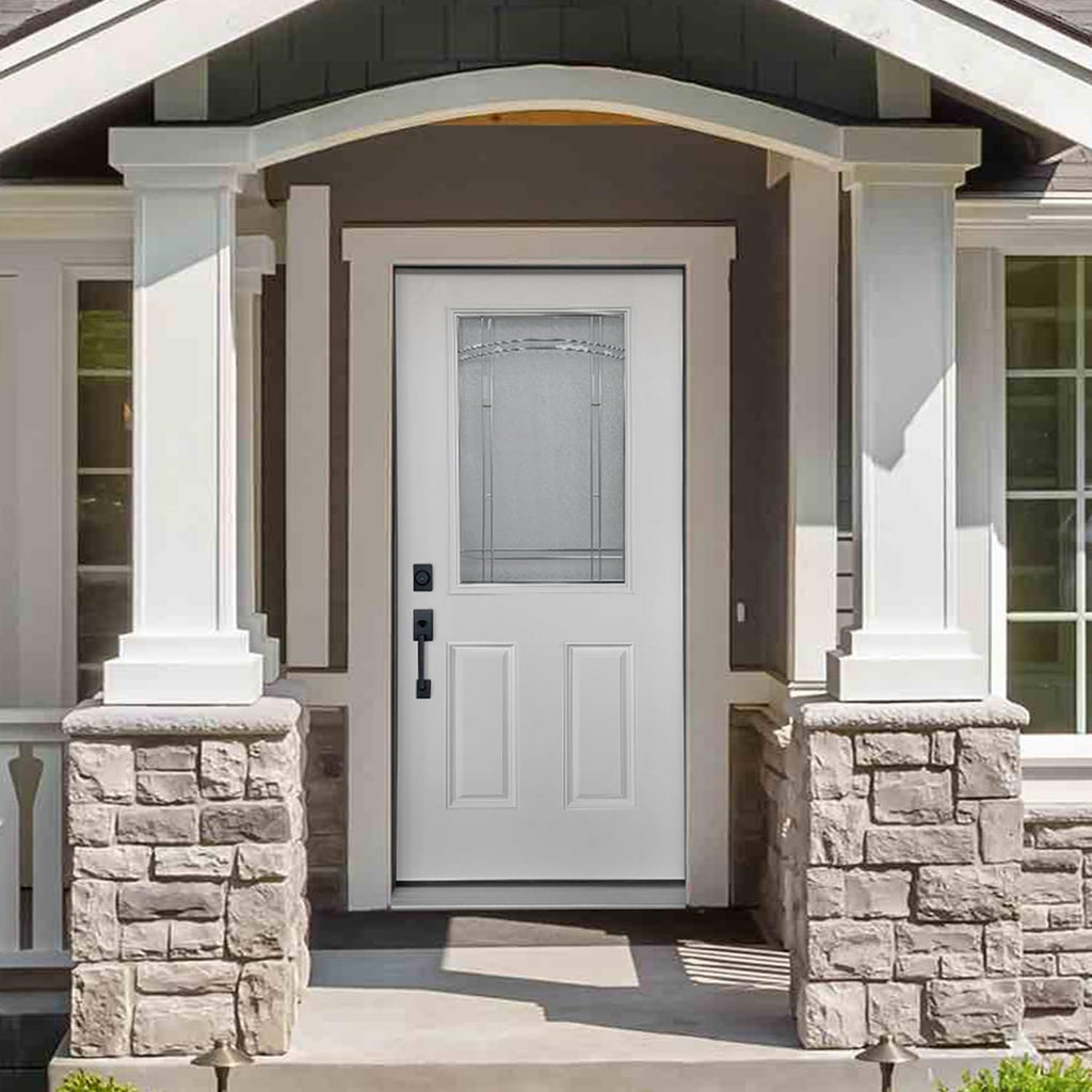 Durable 36 in. x 80 in. Composite Fiberglass Entry Door – 1/2 Lite 2-Panel Decorative Glass, Prehung Exterior Front Door, Right-Hand Inswing, Finished White, Ready to Install