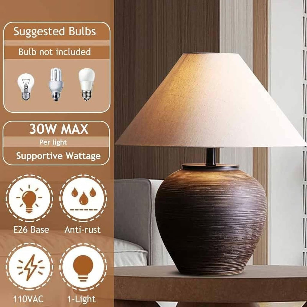 19.6'' Farmhouse Round Ceramic Table Lamp Rustic Retro Desk Lamp Brown Check Body with Off-White Fabric Shade Bedside Nightstand for Living Room Bedroom Home Office
