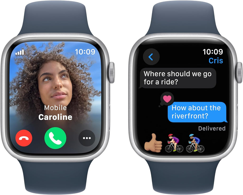 Apple Watch Series 9 [GPS + Cellular 45mm] Silver Aluminum Case with Storm Blue Sport Band S/M (Renewed)