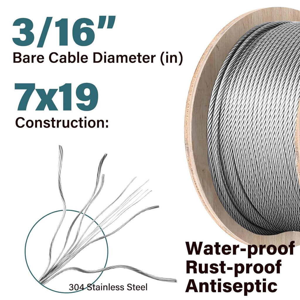 3/16 Wire Rope, 500ft 3/16 Stainless Steel Cable Wire, 7X19 Strand Aircraft Cable Wire Rope Kit, 3700lbs Breaking Strength 3/16 Steel Cable with 3/16 Cable Clamps,Thimble for Deck Railing Shade Sails