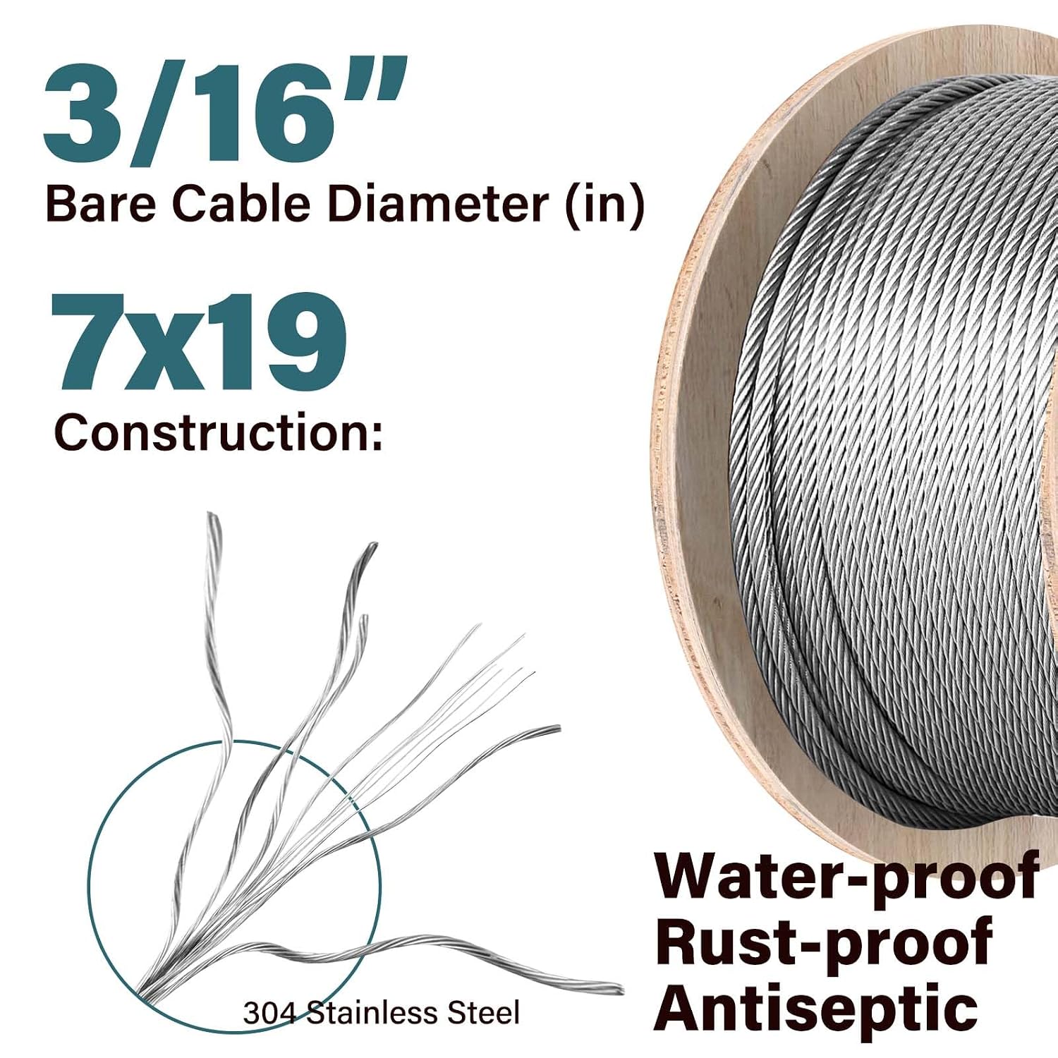 3/16 Wire Rope, 500ft 3/16 Stainless Steel Cable Wire, 7X19 Strand Aircraft Cable Wire Rope Kit, 3700lbs Breaking Strength 3/16 Steel Cable with 3/16 Cable Clamps,Thimble for Deck Railing Shade Sails