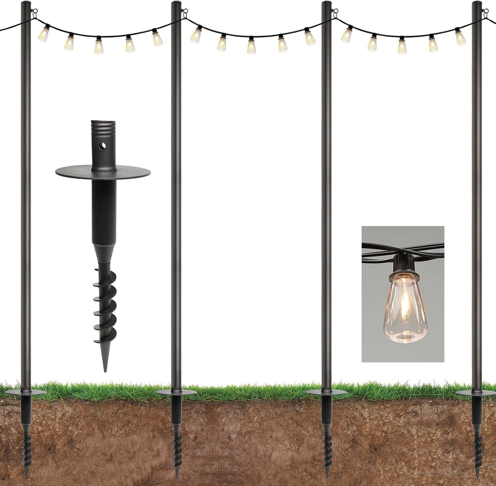 EXCELLO GLOBAL PRODUCTS Premium String Light Pole 4 Pack with 100' of LED Edison Bulb String Lights (Yard Mount)