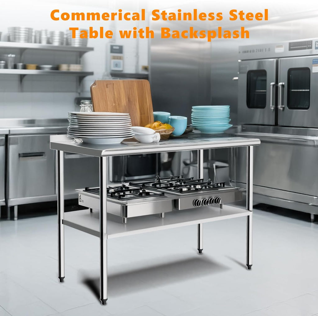 ROVSUN 60'' x 24'' Stainless Steel Table for Prep & Work,Commercial Worktables & Workstations, NSF Heavy Duty Metal Table with Adjustable UnderShelf & Backsplash for Kitchen,Restaurant,Home,Hotel