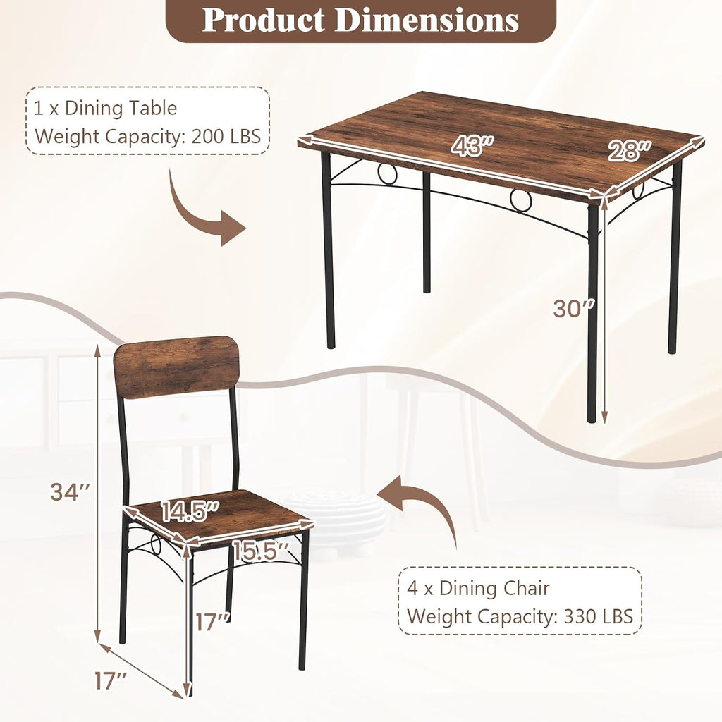 Giantex Dining Table Set for 4, Rectangle Kitchen Table and 4 Farmhouse Dining Chairs with Heavy-Duty Metal Frame, Wood Grain Surface,Space-Saving Dinette Set for Small Space, Home, Restaurant