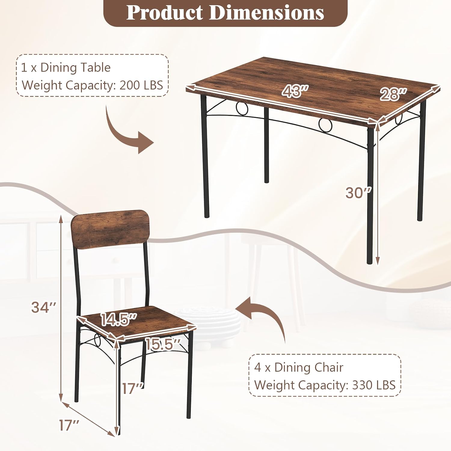 Giantex Dining Table Set for 4, Rectangle Kitchen Table and 4 Farmhouse Dining Chairs with Heavy-Duty Metal Frame, Wood Grain Surface,Space-Saving Dinette Set for Small Space, Home, Restaurant