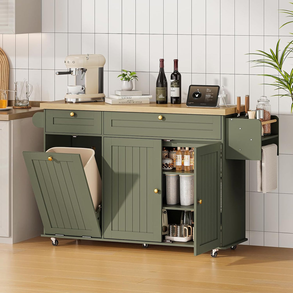 60' Kitchen Island with Power Outlet & Drop Leaf, Kitchen Rolling Island with Spice Rack & Towel Rack, Knife Holder, Kitchen Island Cart with Trash Storage Cabinet, Mobile Island Table for Kitchen