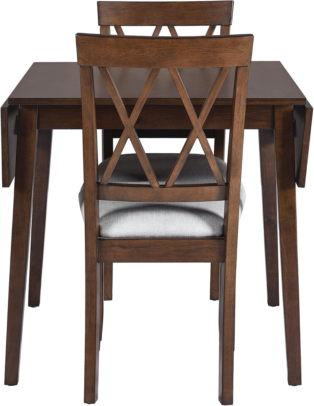 Harper & Bright Designs 3-Piece Wood Drop Leaf Dining Table Set with 2 X-Back Chairs, Space-Saving Breakfast Nook Dining Set, Brown + Grey Cushion