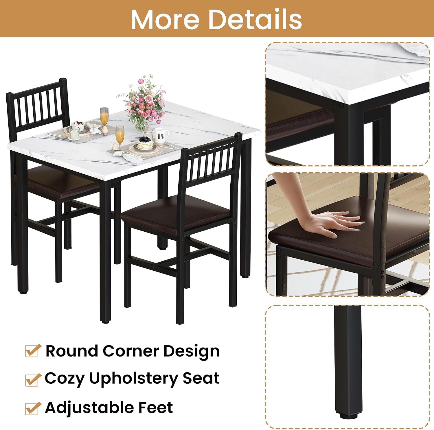AWQM 3 Piece Dining Table Set for 2, Small Kitchen Table Set for 2 with Chairs,Wood Breakfast Nook Table and Chairs Set of 2,Dinette Set for Small Space,Dining Room,Apartment, White