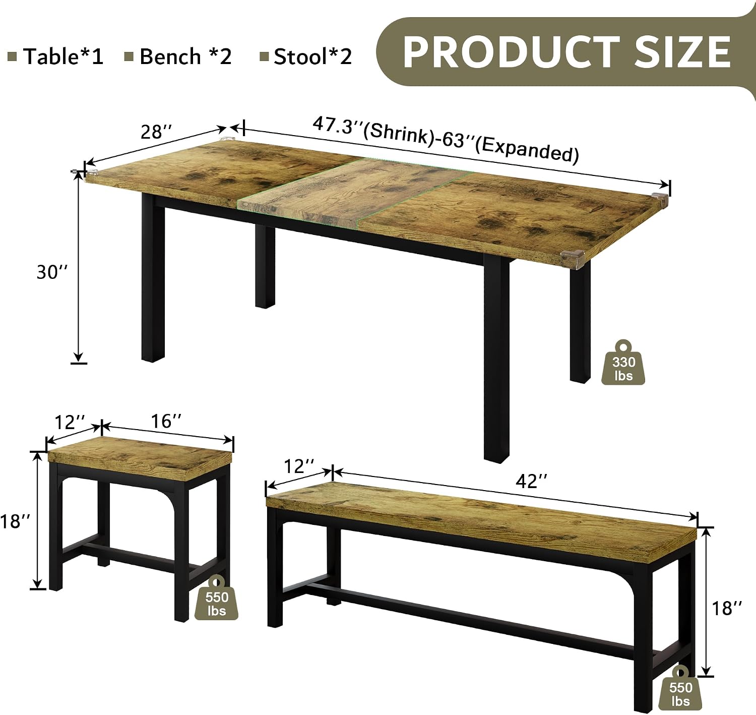 iPormis 5-Piece Dining Table Set for 4-8 People, Extendable Kitchen Table Set with 2 Benches and 2 Square Stools, Mid-Century Dining Room Table with Metal Frame & MDF Board, Saving Space, Rustic Brown