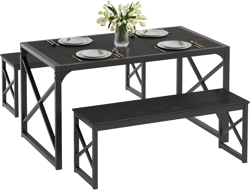 VECELO 55' Kitchen Dining Table Set for 4, Heavy-Duty Steel Frame & Wood-Grain Tabletop, Spaving Saving Dinette Sets with 2 Benches for Breakfast Nook and Small Space, Black