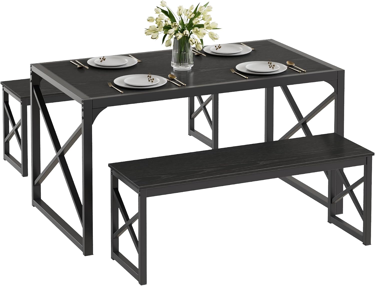 VECELO 55' Kitchen Dining Table Set for 4, Heavy-Duty Steel Frame & Wood-Grain Tabletop, Spaving Saving Dinette Sets with 2 Benches for Breakfast Nook and Small Space, Black