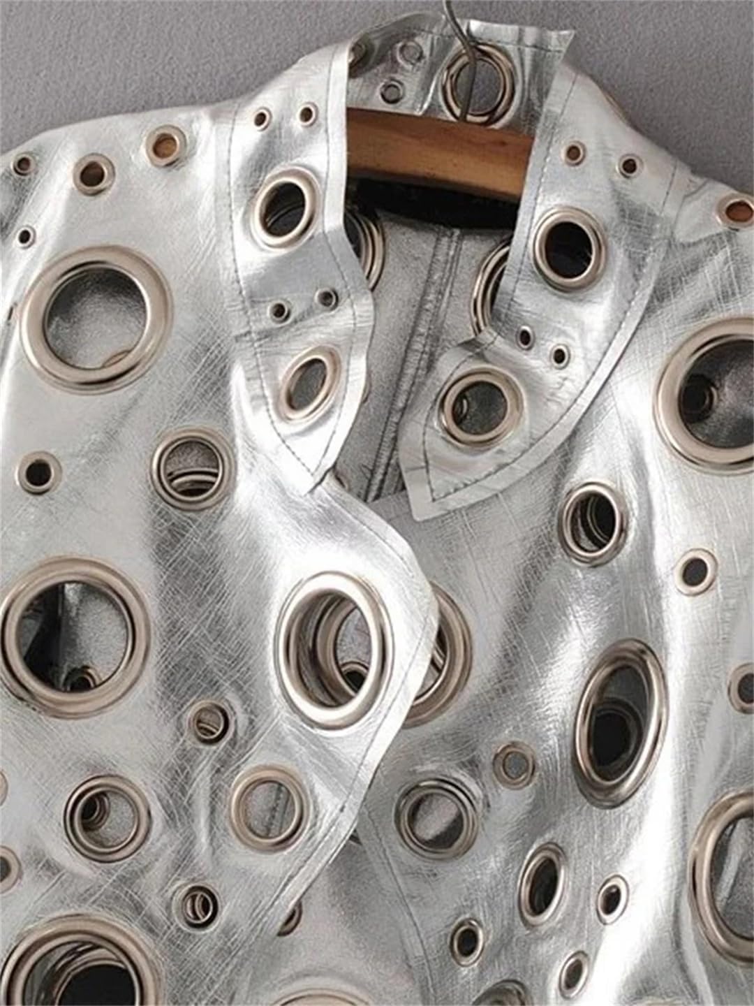 Women Spring Short Golden Rivet Stand Collar Hollow Faux Leather Jacket