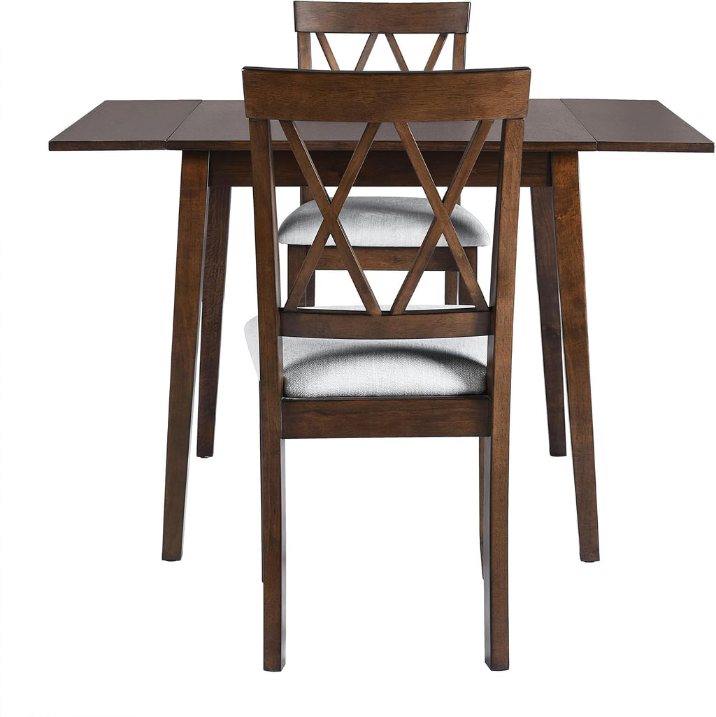 Harper & Bright Designs 3-Piece Wood Drop Leaf Dining Table Set with 2 X-Back Chairs, Space-Saving Breakfast Nook Dining Set, Brown + Grey Cushion