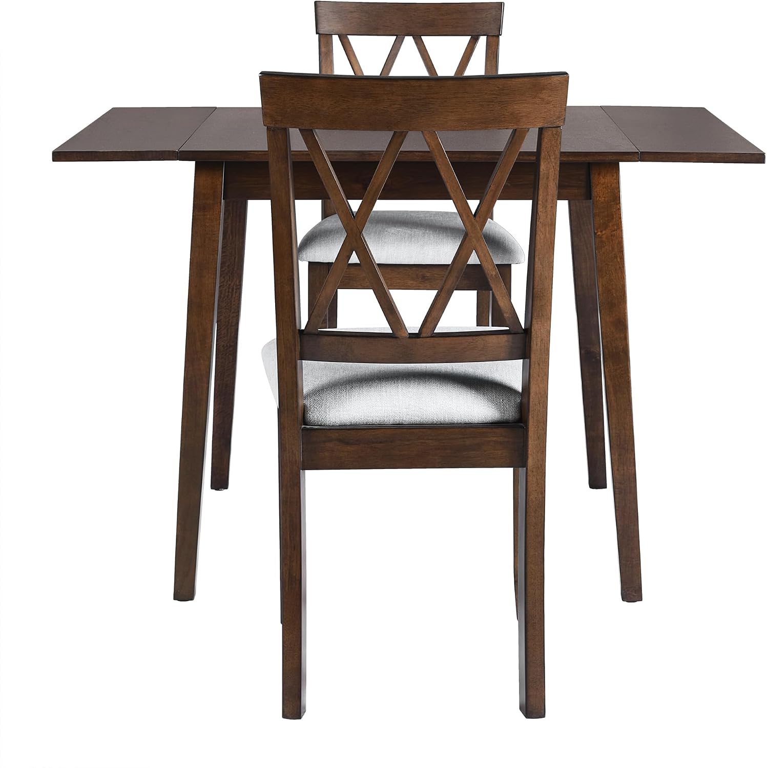 Harper & Bright Designs 3-Piece Wood Drop Leaf Dining Table Set with 2 X-Back Chairs, Space-Saving Breakfast Nook Dining Set, Brown + Grey Cushion