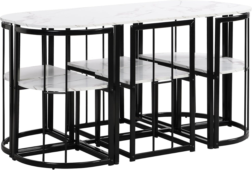 7 Piece Dining Table Set, Metal Kitchen Dining Table Set with Chairs for 6 Persons for Small Space, Black White