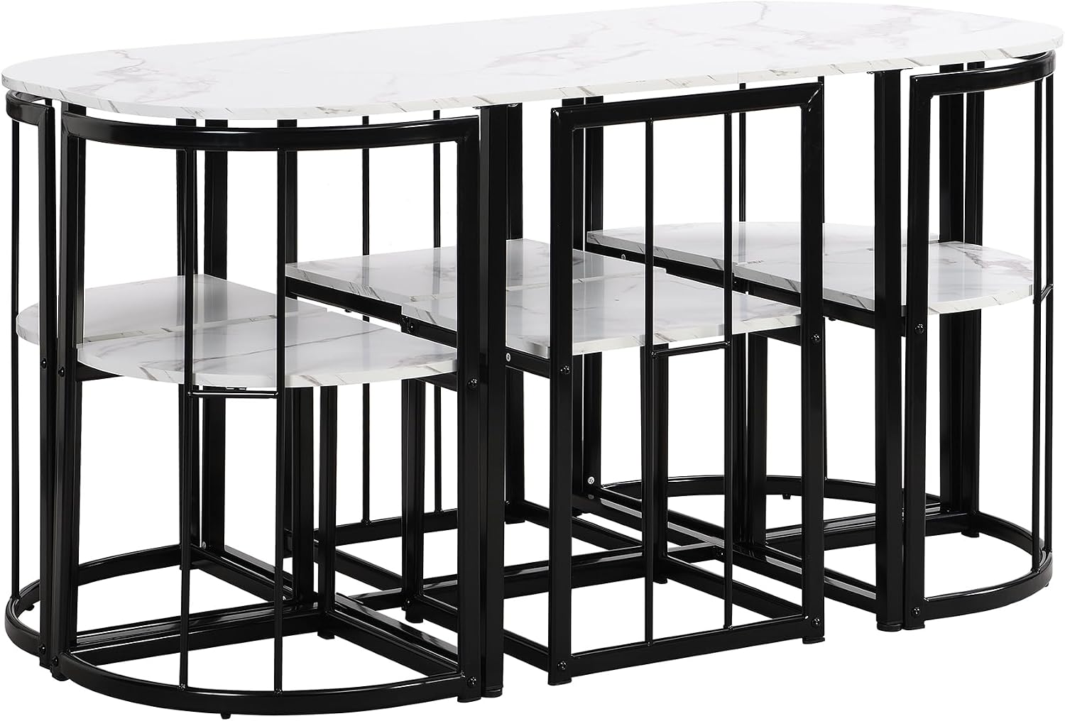 7 Piece Dining Table Set, Metal Kitchen Dining Table Set with Chairs for 6 Persons for Small Space, Black White