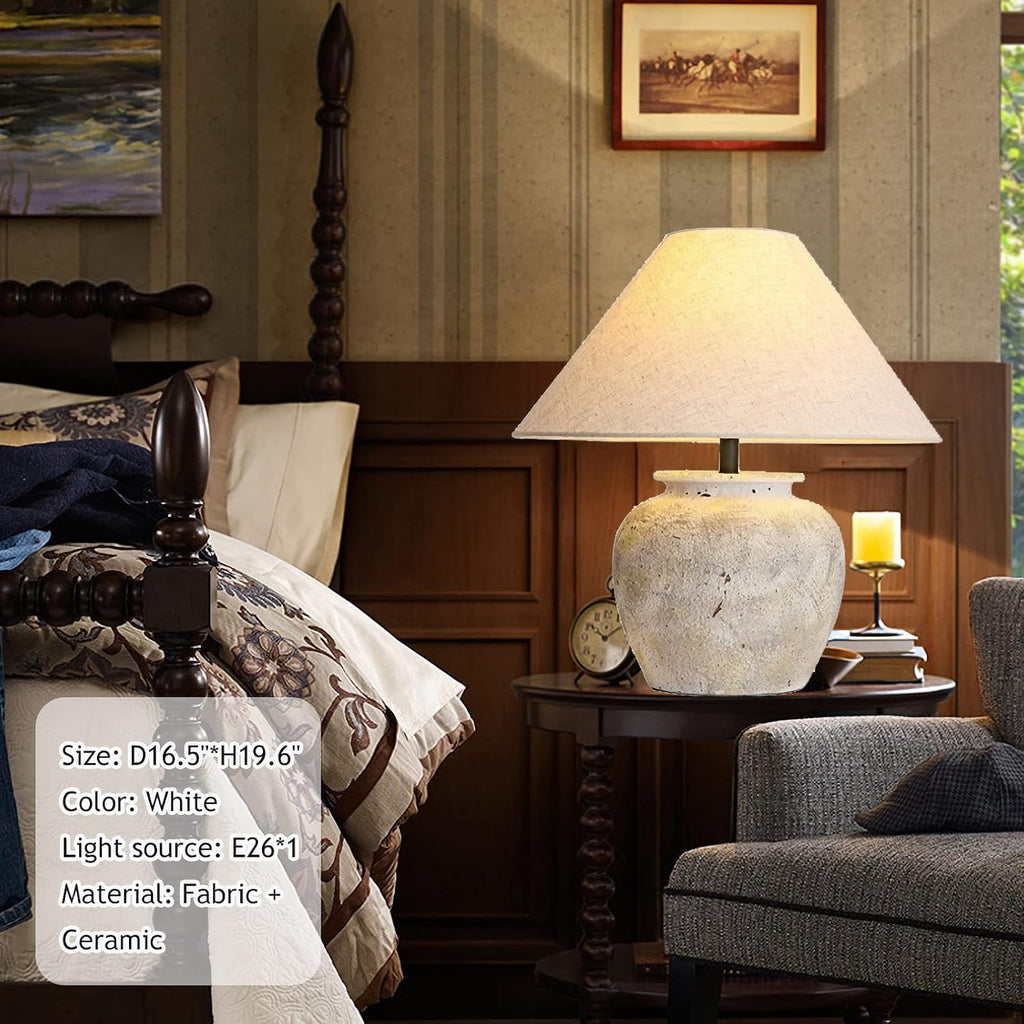 White Rustic Farmhouse Table Lamp - Terracotta Base with White Fabric Shade - 15.6 Inches - Warm White LED - 40W - 5000 Lumens