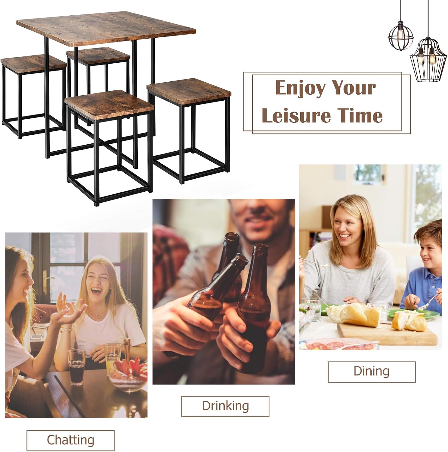 Giantex 5 Piece Dining Table Set, Dining Set for 4 with Square Stools, Small Kitchen Table Set with Metal Frame, Compact Design for Small Space, Home Kitchen Bar Pub Apartment