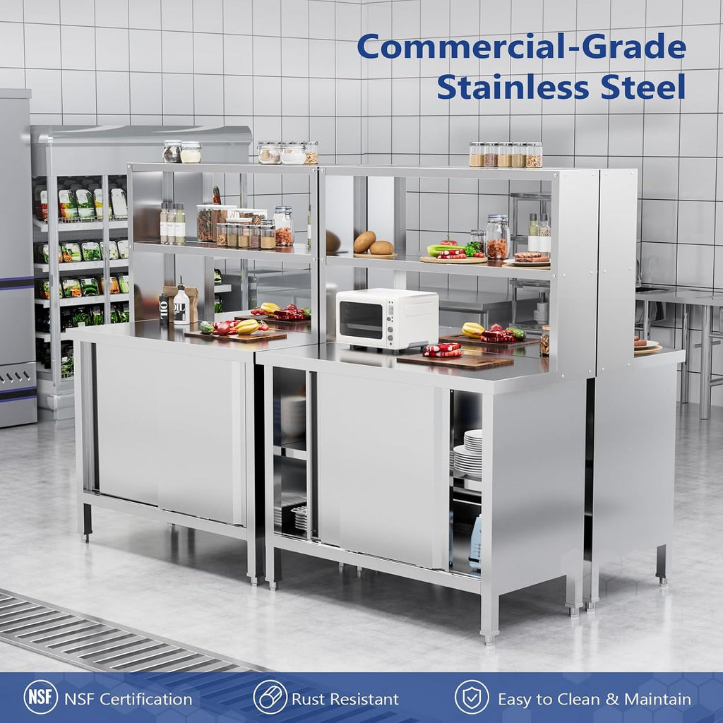 ROVSUN All Stainless Steel Table with Overshelves 39' X 19', NSF Commercial Heavy Duty Pre Table with Large Space Storage Cabinet for Kitchen Restaurant Hotel Garages