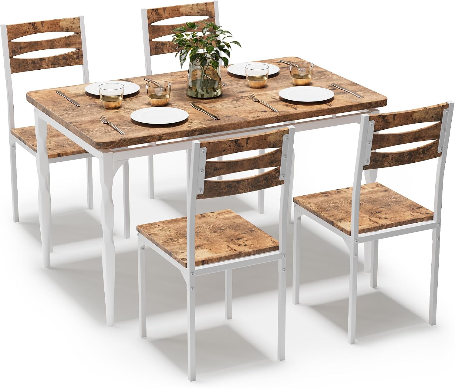 Garvee 5 Piecs Dining Table Set, Farmhouse Style Dining Table and Chairs Set for 4, Dining Set for Dining Room Kitchen Apartment, White & Brwon