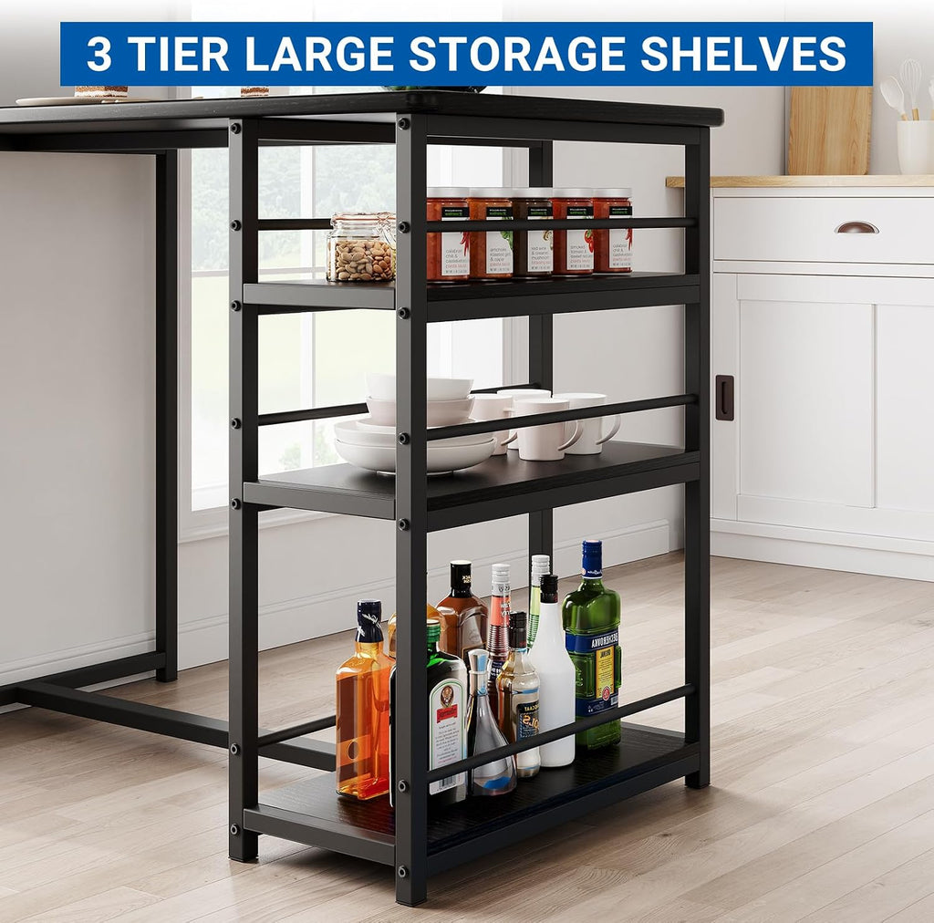 GarveeHome Dining Table Set for 2, Counter Height Kitchen Table with 2 Upholstered Bar Stools, Dining Table and Chairs Set with Storage Shelves, for Small Space, Apartment, Studio, Retro Black