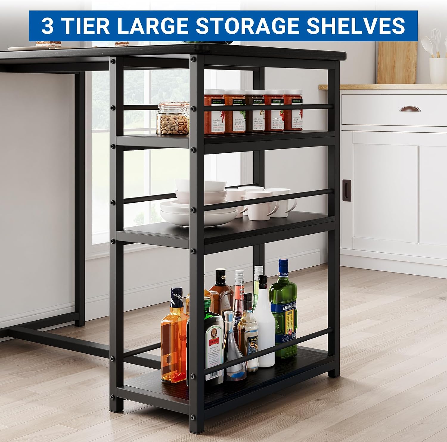 GarveeHome Dining Table Set for 2, Counter Height Kitchen Table with 2 Upholstered Bar Stools, Dining Table and Chairs Set with Storage Shelves, for Small Space, Apartment, Studio, Retro Black