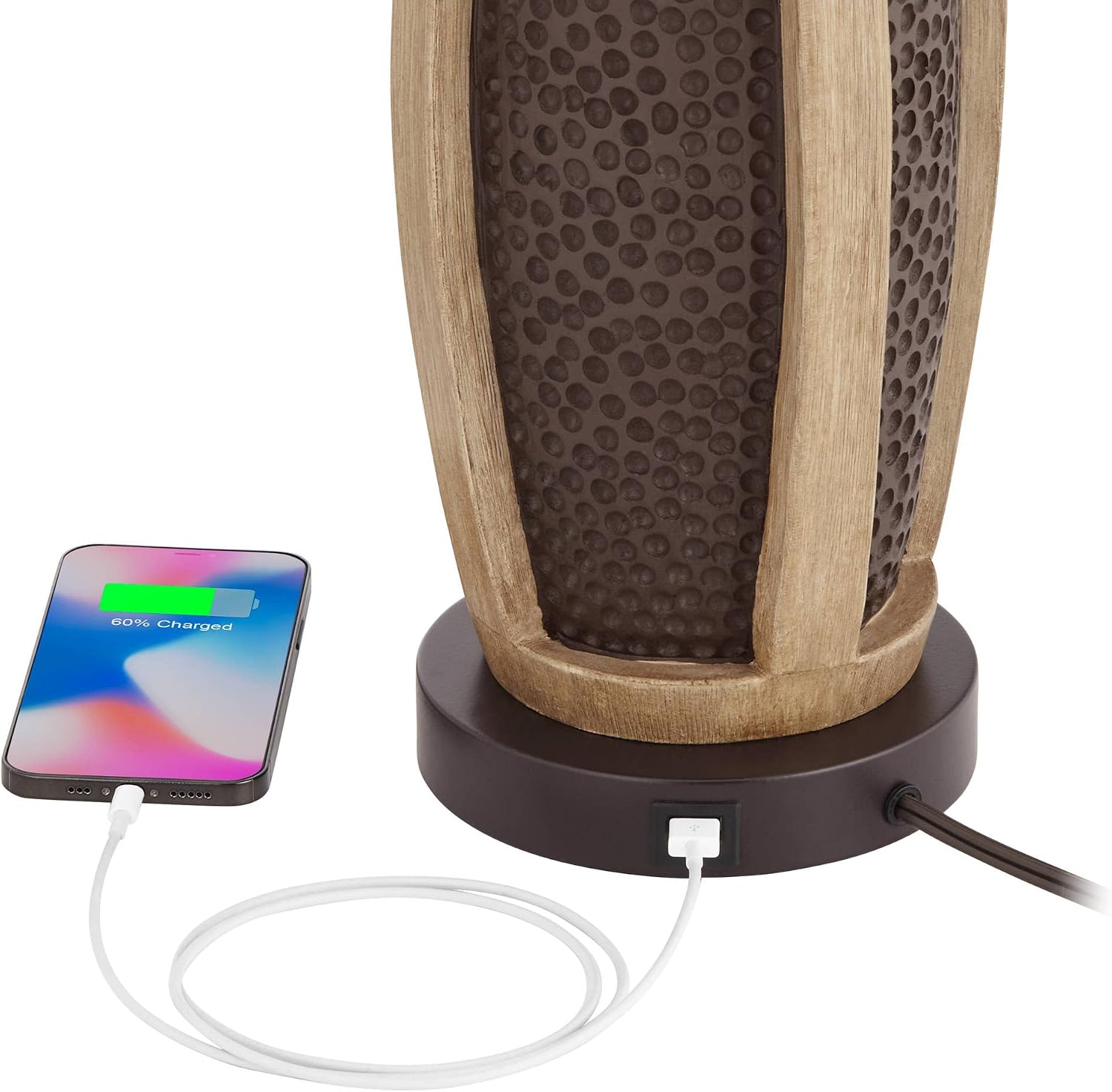 John Timberland Parker Industrial Rustic Table Lamps 30' Tall Set of 2 with Round Risers USB Charging Port Hammered Bronze Wood Oatmeal Drum Shade for Living Room Bedroom House Bedside Home