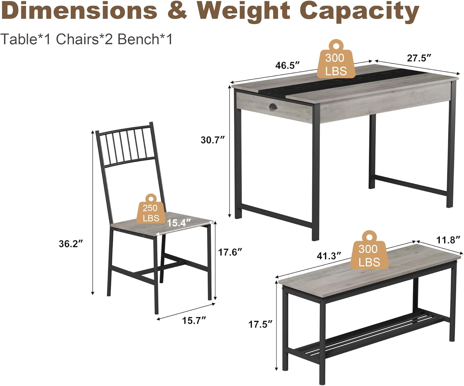GarveeHome Dining Table Set for 4, Small Kitchen Table and 2 Chairs for 4 with Bench, Space Saving Kitchen Table Set with Storage Rack & Drawers, Breakfast Nook Rectangular Farmhouse Table Set, Grey
