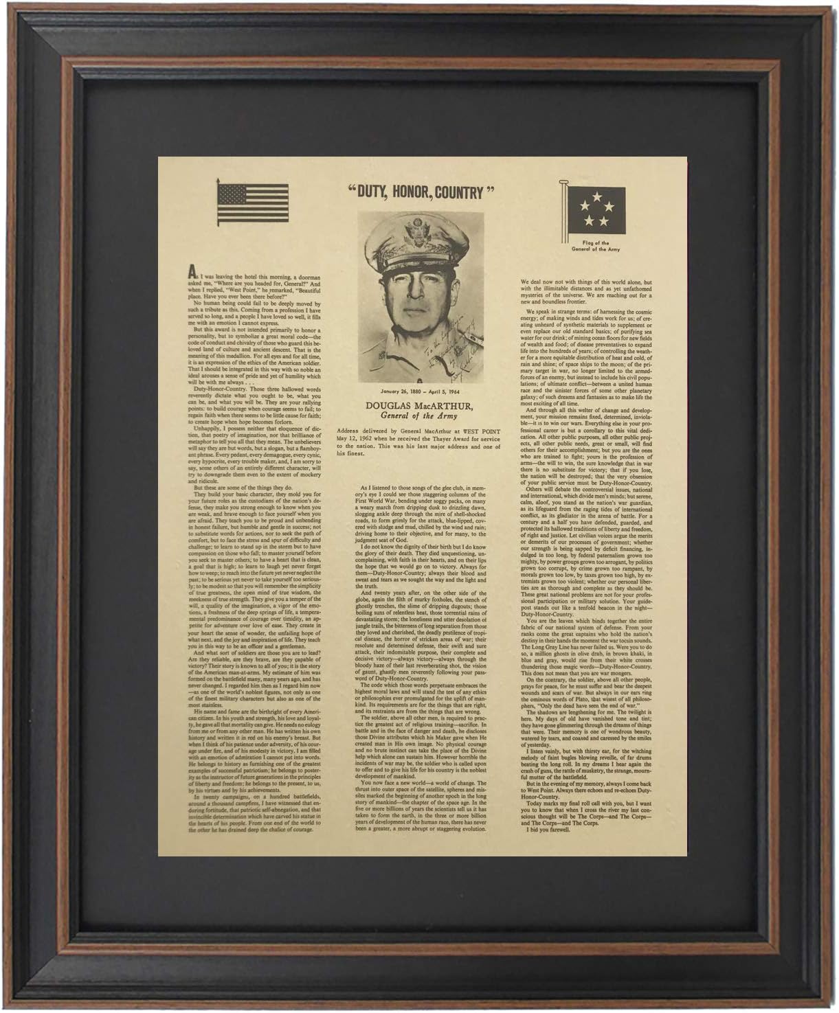 Framed Duty, Honor, Country Address - Douglas MacArthur. World War II Historical Documents. Handmade in USA