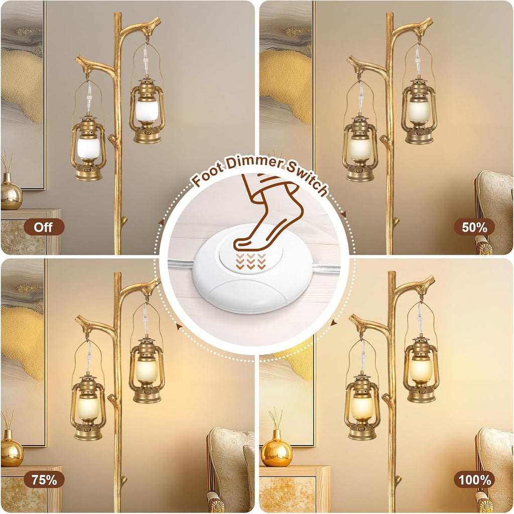 Scenekoy 68' Tall Floor Lamp with Lanterns, Gold Standing Lamp Tree Trunk Finish, Dimmable Resin Corner Lamp Stand Up Light with Bulb Prefer for Modern Living Room Bedroom Home Decor (Bulbs Included)