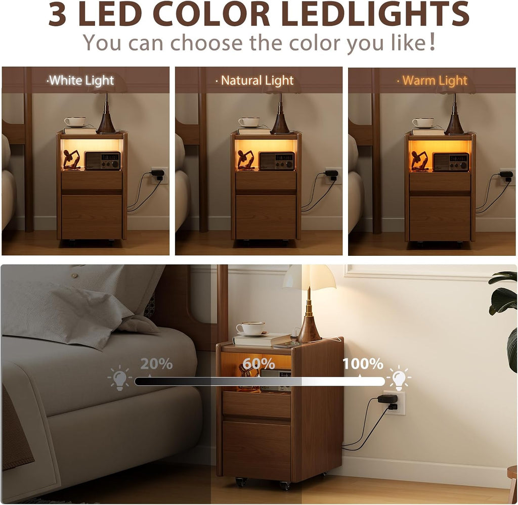 Walnut Nightstand,LED Nightstand with Charging Station,Narrow Bedside Table with Jewelry Box,Small Night Stand with Wheels,Modern Night Stand for Bedroom,Living Room,Dressing Room