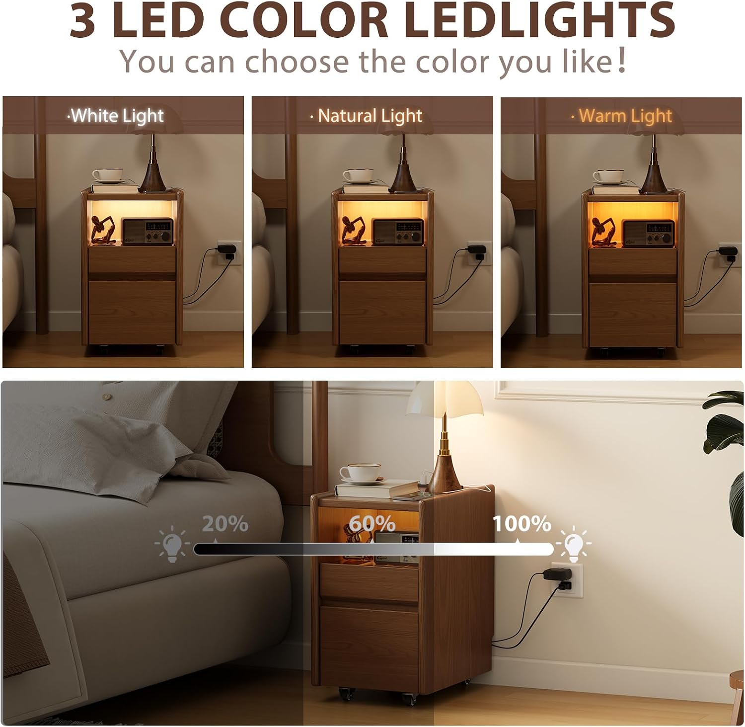 Walnut Nightstand,LED Nightstand with Charging Station,Narrow Bedside Table with Jewelry Box,Small Night Stand with Wheels,Modern Night Stand for Bedroom,Living Room,Dressing Room