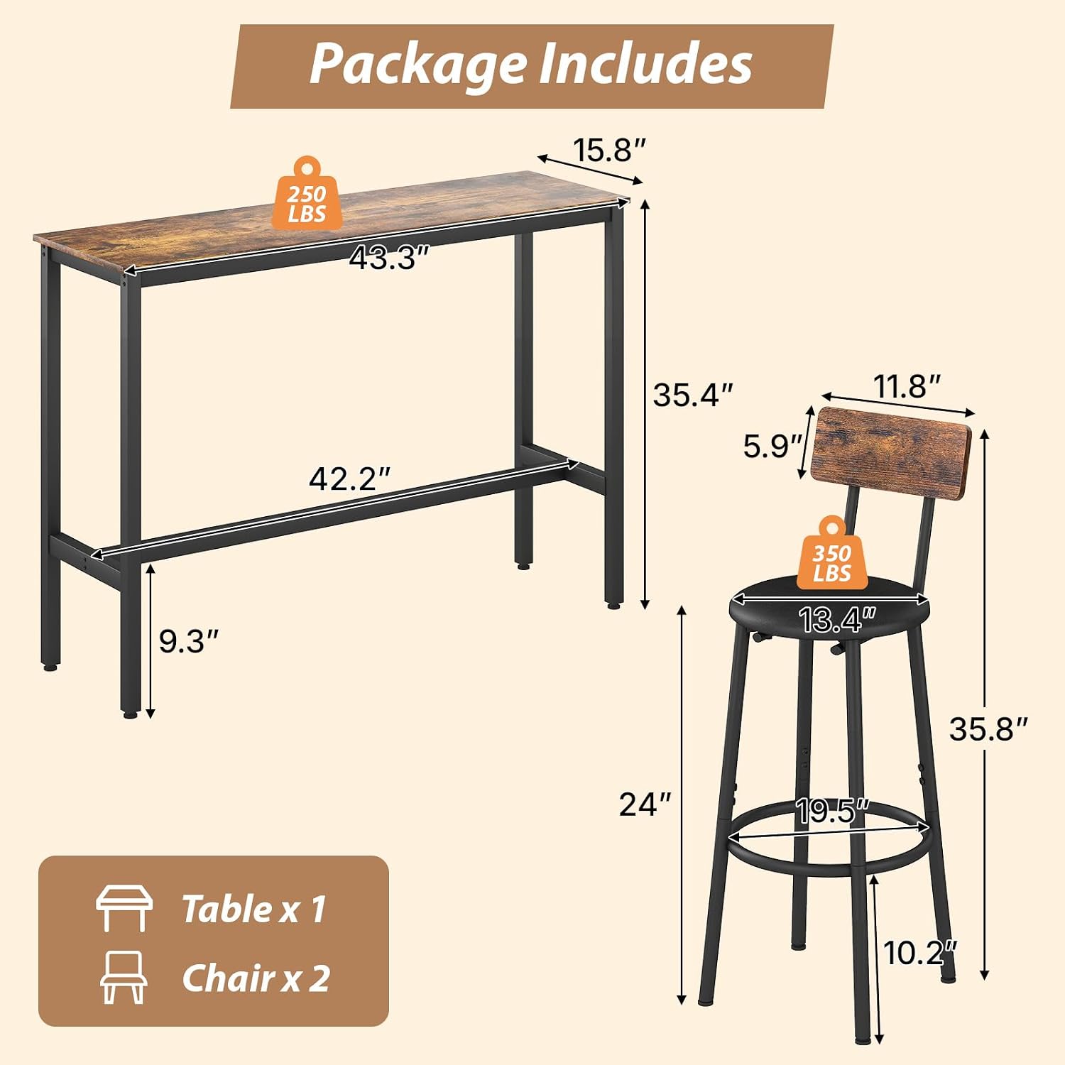 Zevemomo Dining Table Set for 2, 3-Piece Bar Table and Chairs Set, Kitchen Table and Chairs, High Top Table with 2 PU Upholstered Stools, Space-Saving Pub Table Sets for Small Space, Brown