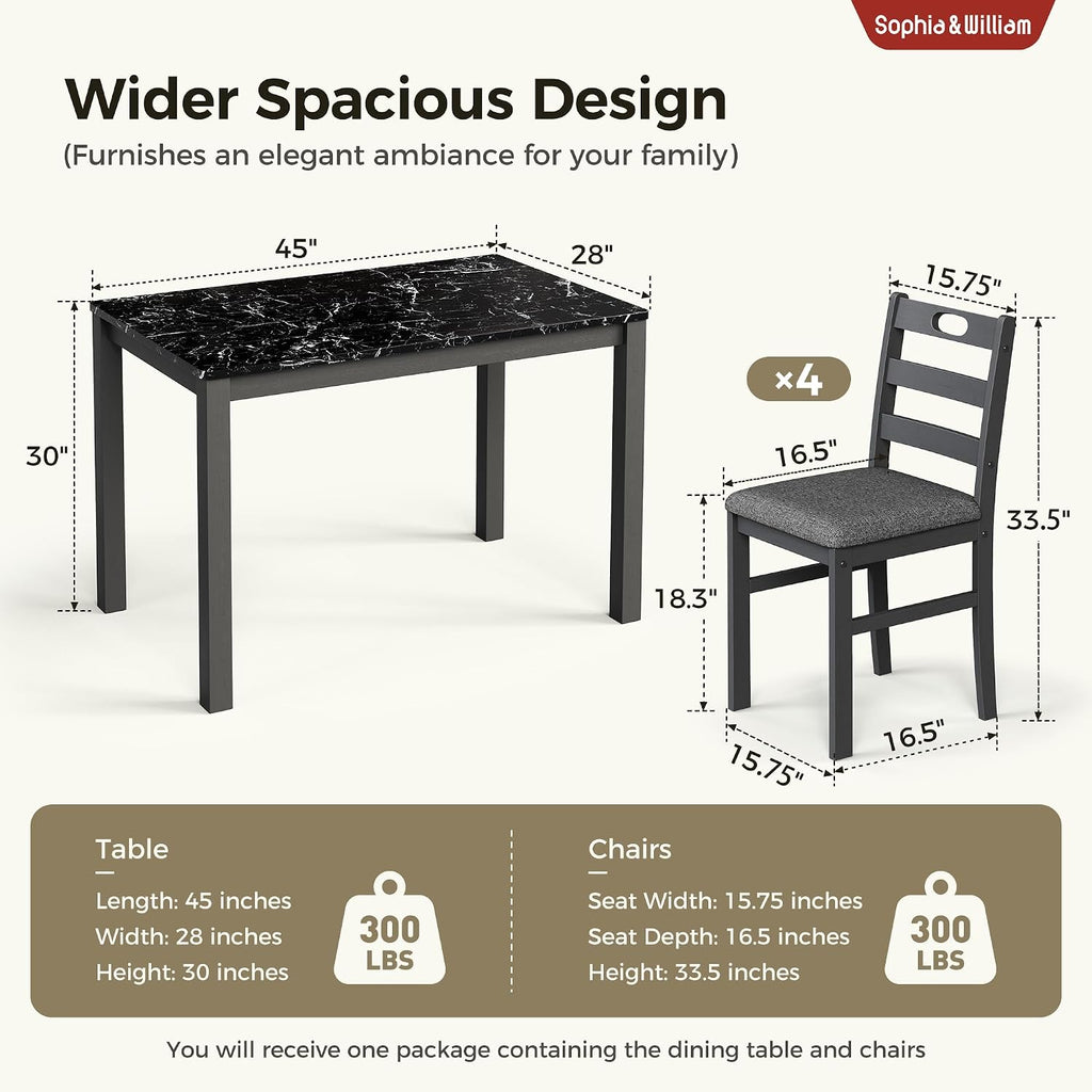 Sophia & William 5 Piece Dining Table Set for 4, Faux Marble Kitchen Table and Chairs Set, Solid Wood Farmhouse Dinner Table Set,Veined Black Marble & Gray