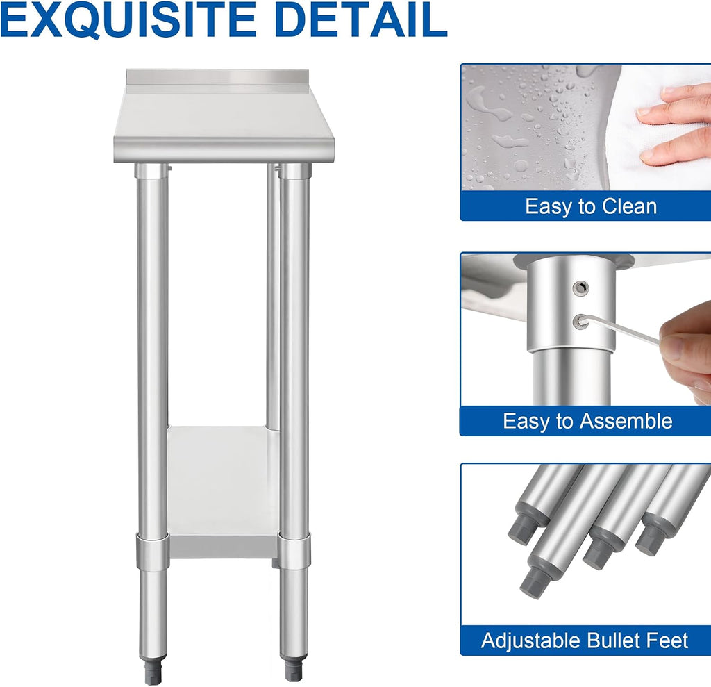 HARDURA Stainless Steel Commercial Work Table Prep Work Metal Table 24×12 Inches with Undershelf and 2' Backsplash Heavy Duty NSF 430 for Kitchen Food Prep