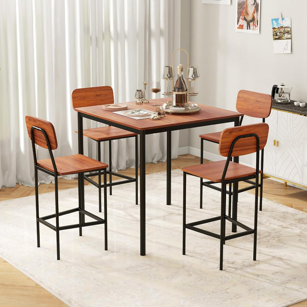 Giantex 5-Piece Dining Table Set W/Counter Height Table & 4 Bar Stools, Industrial Kitchen Dining Table Set W/Footrest & Backrest, Space-Saving Dinette Set for Pub, Dining Room, Restaurant (Walnut)