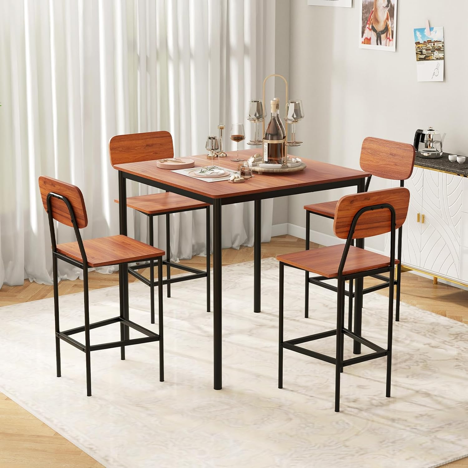 Giantex 5-Piece Dining Table Set W/Counter Height Table & 4 Bar Stools, Industrial Kitchen Dining Table Set W/Footrest & Backrest, Space-Saving Dinette Set for Pub, Dining Room, Restaurant (Walnut)