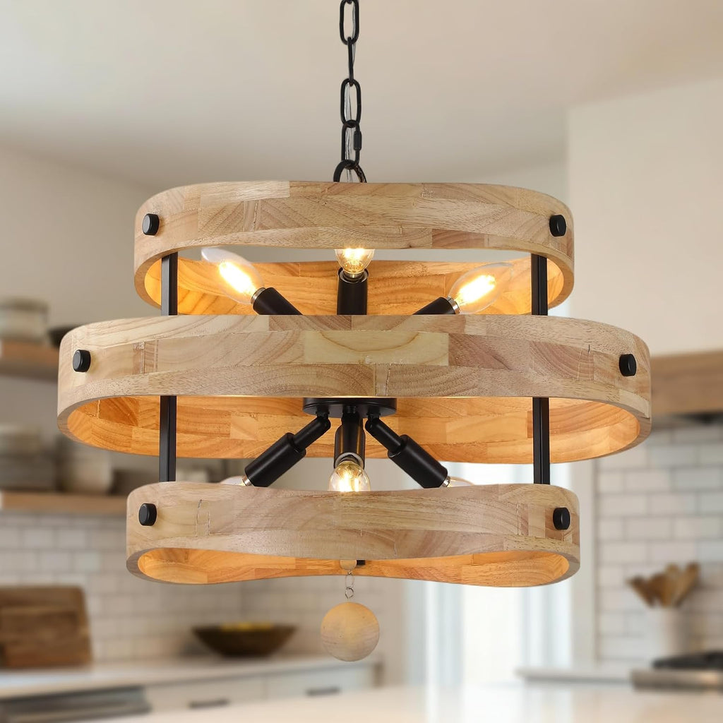 20' Farmhouse Chandeliers for Dining Room 6-Light Solid Wood French Country Rustic Chandelier Light Fixtures Over Table for Kitchen Entryway Foyer Bedroom Living Room