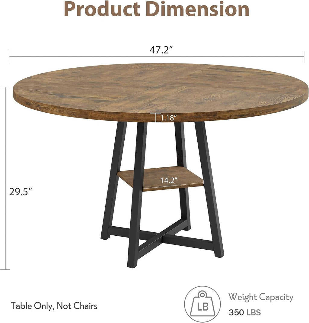 Garvee 47.2 in Round Dining Table for 4-6 People, Industrial Round Kitchen Table with Sturdy Metal Pedestal Base & Storage Shelf, Circle 4 Dinner Table for Dinner, Kitchen, Dining Room