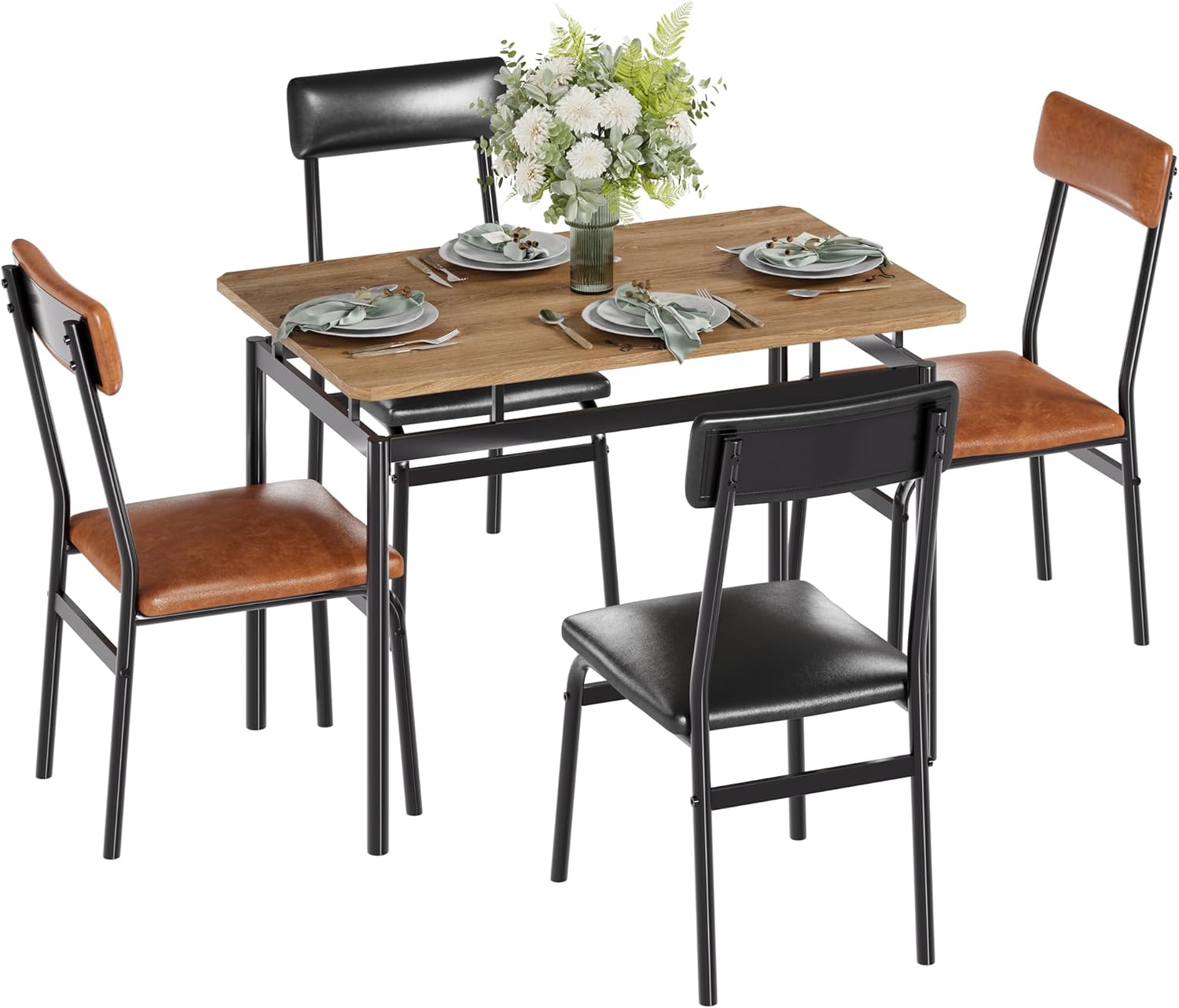 Garvee Dining Table Set for 4, 5 Piece Wooden Dining Table and Chairs, 4 PU Upholstered Chair, Modern Metal Frame Dinette Set for Dining Room, Home Dinner, Party, Apartment, Brown + Black
