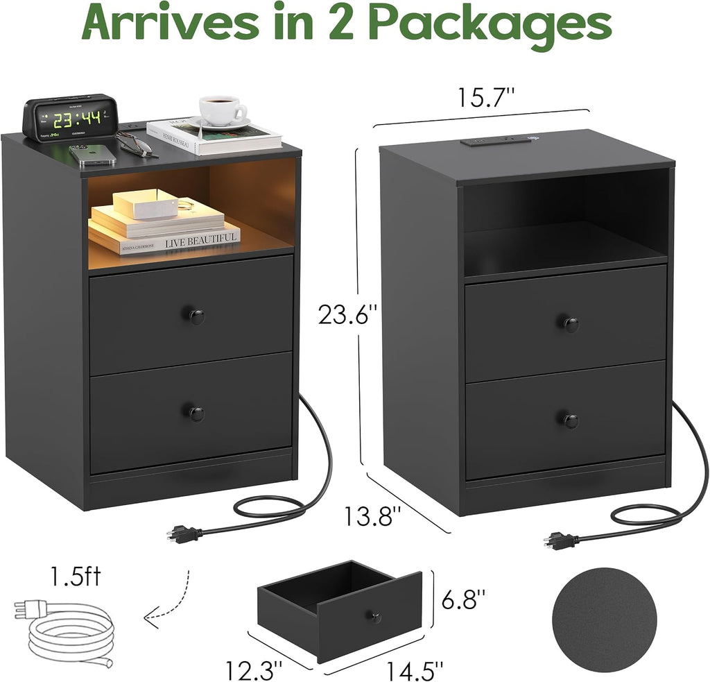 Nightstand Set of 2 Bedside Table with Charging Station & LED Lights Wood Side Table with 2 Drawers Black End Table for Bedroom Living Room