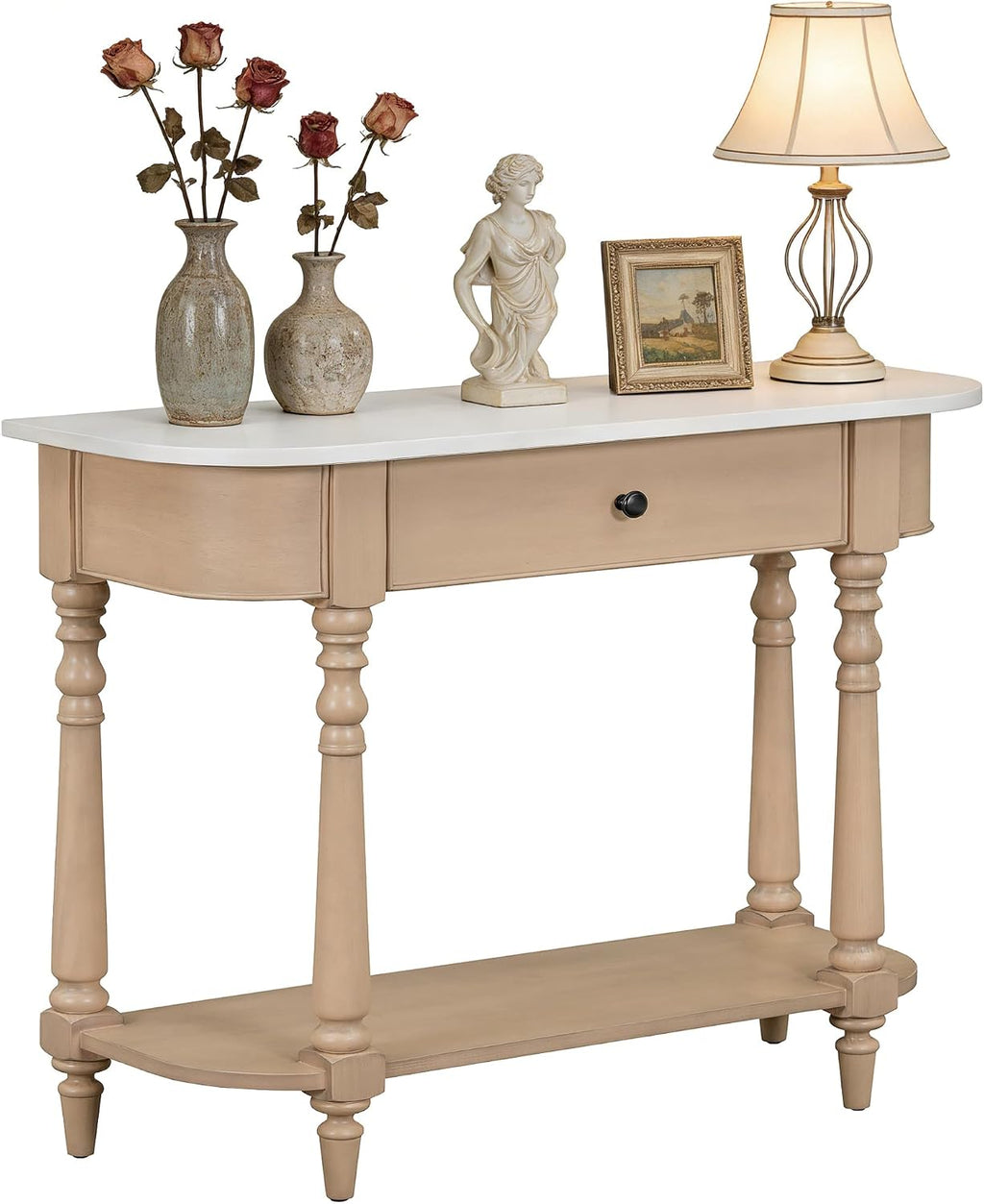 LKTART Small Corner-Curved Console Table,Farmhouse Entryway Table with Solid Wood Frame and Legs,Sofa Table with Drawer &Open Shelf for Behind Couch,Living Room,Hallway,Foyer(Beige+White 36')