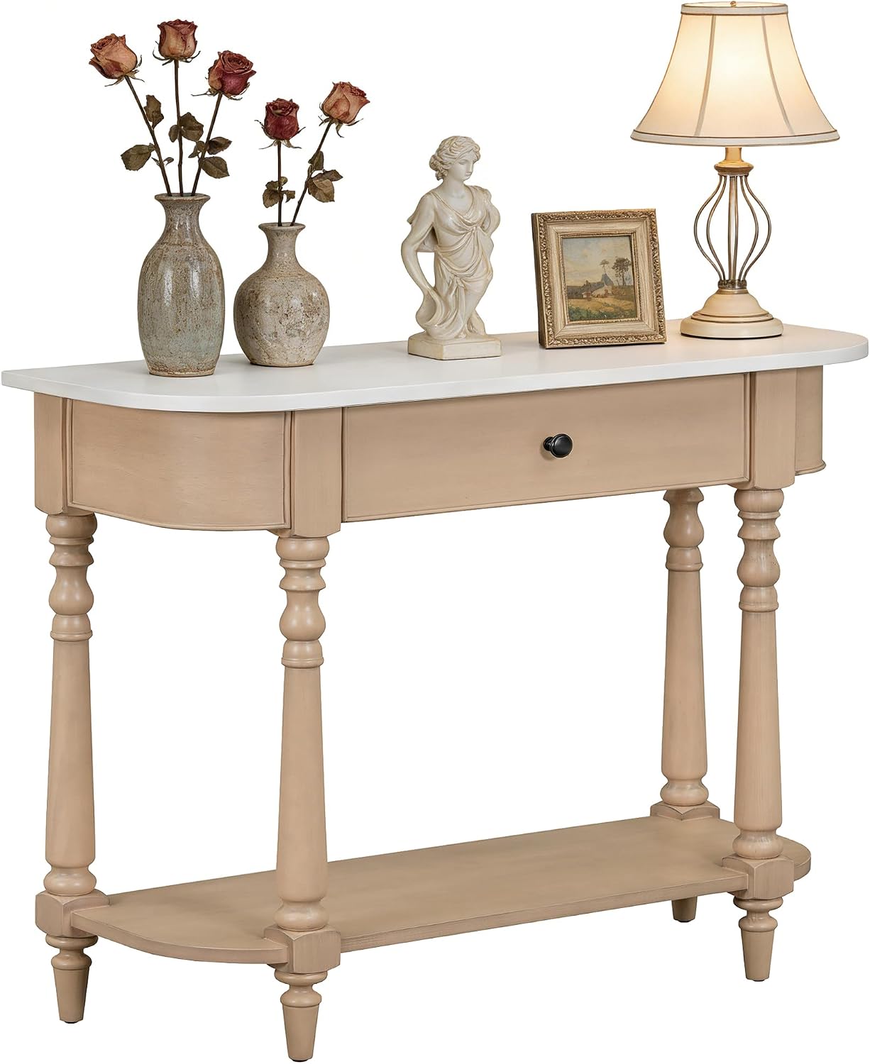 LKTART Small Corner-Curved Console Table,Farmhouse Entryway Table with Solid Wood Frame and Legs,Sofa Table with Drawer &Open Shelf for Behind Couch,Living Room,Hallway,Foyer(Beige+White 36')